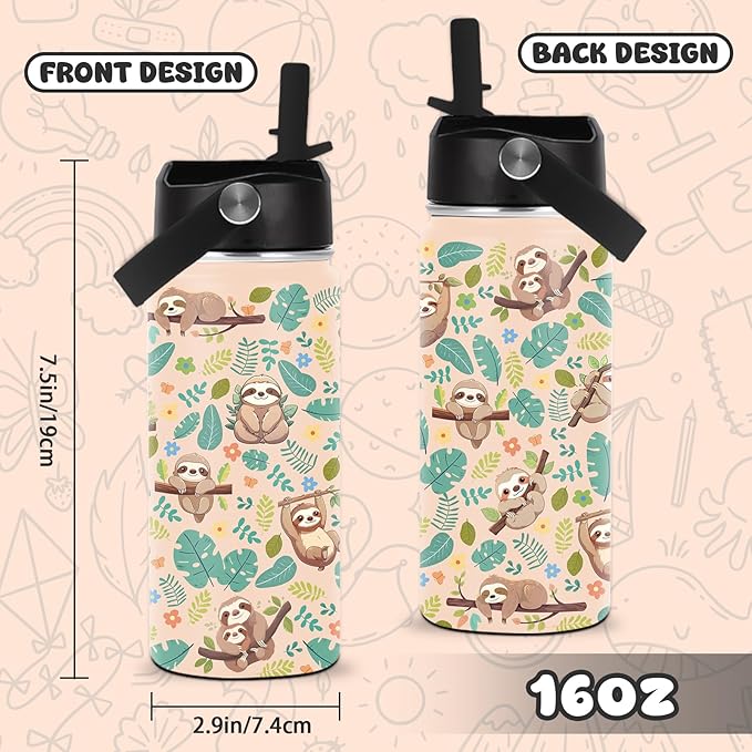Sloth Water Bottle, 16oz Kids Stainless Steel Insulated Water Bottle with Straw Lid, Sloths Cup Tumbler Gifts for Sloth Lovers Women Girls - Bloomnest