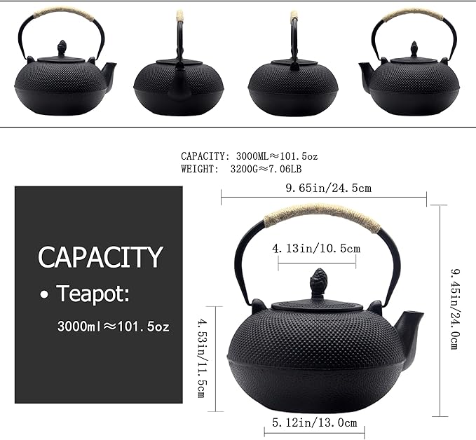 YJX 101 fl oz Extra Large and Heavy Cast Iron Teapot for Stovetop Safe, Black Tea Kettle with Stainless Steel Tea Balls for Loose Tea, Cast Iron Tea Pot for 6 to 10 People, 3000ml Japanese Tetsubin - Bloomnest