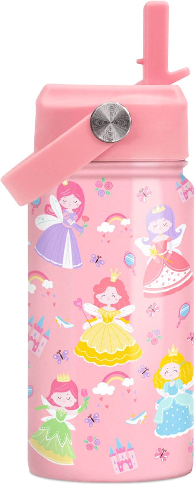 Princess Water Bottle for Girls - Kids Water Bottle with Straw Lid - 12 Oz Insulated Stainless Steel Water Bottles for Kid - Travel Cup for School Sports - Bloomnest