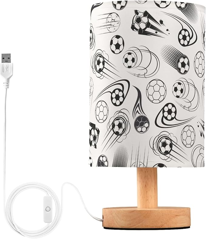 Table Lamp Black and White Soccer Ball Sport Theme American Football Pattern Nightstand Lamp with Wood Base Fabric Lamp Shade Bedside Desk Lamp for Living Room Bedroom Kids Room Office - Bloomnest
