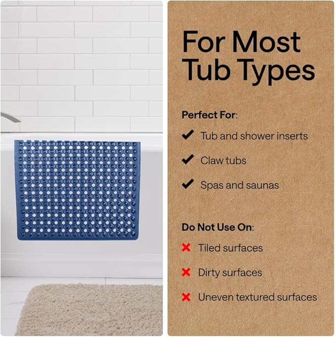 GORILLA GRIP Patented Bath Tub Shower Mat, Machine Washable Bathtub Floor Liner Mats, Suction Cups and Drain Holes to Keep Tubs Clean, Soft on Feet, Bathroom Essentials, 35x16 Inch, Clear Navy - Bloomnest