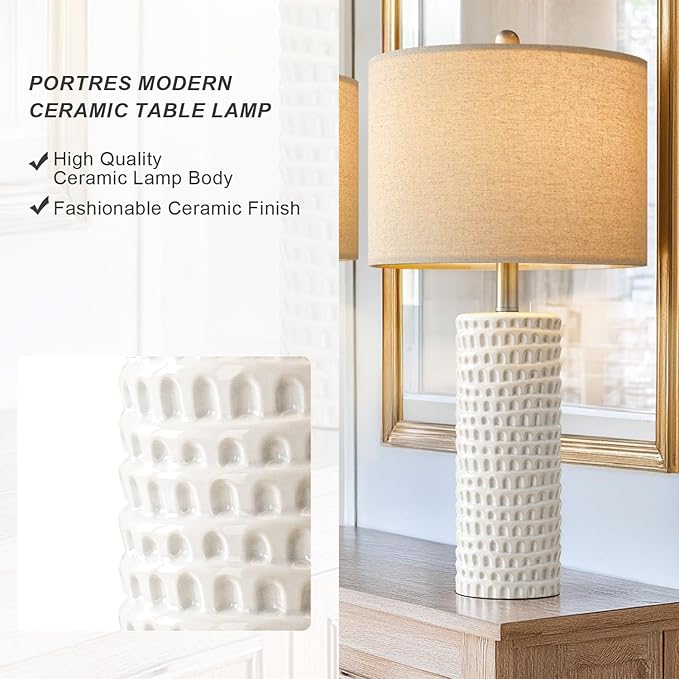 PORTRES 24" Farmhouse Ceramic Table Lamp Set of 2 for Bedroom Living Room White Desk Decor Bedside Lamps for Study Room Office Dorm Modern Accent Nightstand Lamp End Table Lamps - Bloomnest