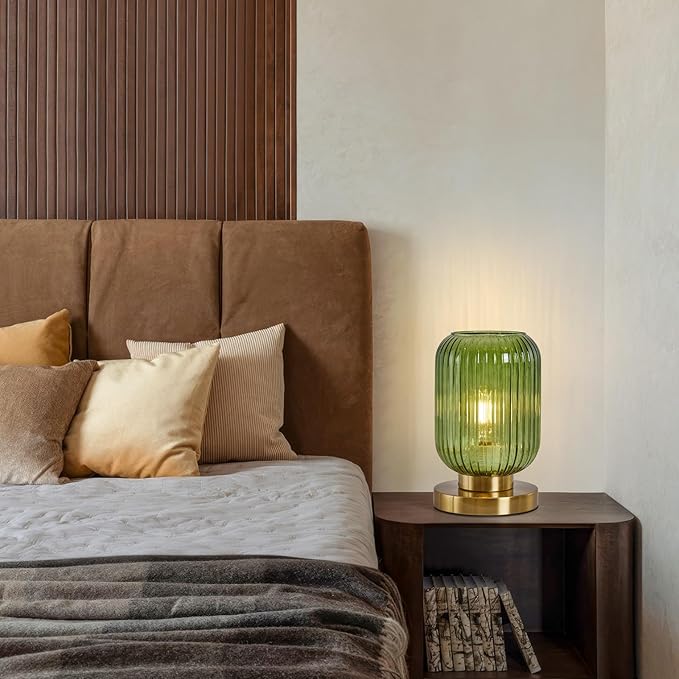 Mid Century Modern Table Lamp: Vintage Green Ribbed Glass Globe Dimmable Plug in Small Bedside Lamps - Cute Brass Gold Side Table Lamp Nightstand Light for Bedroom Entryway Office Desk Living Room - Bloomnest
