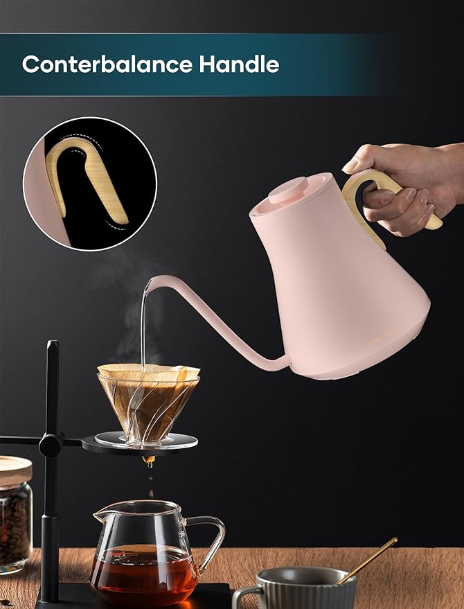 Gooseneck Electric Kettle with ±1℉ Temperature Control for Pour Over Coffee & Tea, Quick Heating, BPA-Free Stainless Steel, Built-in Brew Timer, 1500W/0.9L (Petal Pink) - Bloomnest