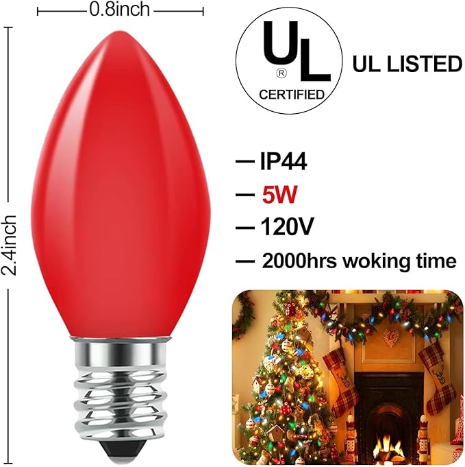 25 Pack C7 Multicolor Christmas Lights Replacement Bulbs, 5W Incandescent Bulb, Warm White 2200K, E12 Base, Waterproof C7 Night Light Bulbs for Christmas String Lights Outdoor Indoor Home Party Decor - Bloomnest