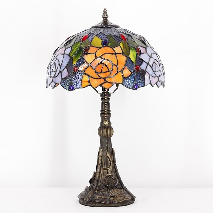 Tiffany Stained Glass Table Lamp 12X12X19 Inch Purple Orange Rose Flower Style Desk Bedroom Living Room Reading Light (Purple Orange Rose Flower) - Bloomnest