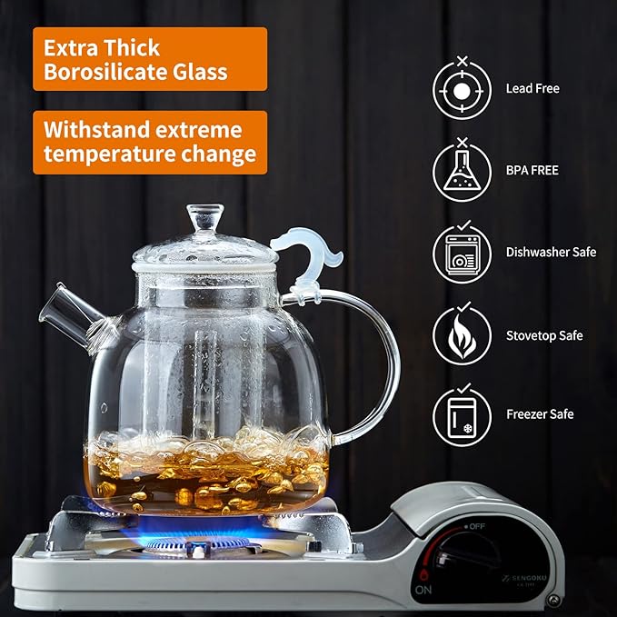 68OZ Glass Teapot, Large Glass Tea Pot With Infuser, Kettle For Stove Top, Tea Cup With Infuser For Loose Leaf Tea Steeper 2000ML, Dishwasher Safe - Bloomnest