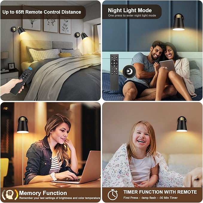 Wall Sconce Plug in, Remote Control Dimmable Wall Sconces and Adjustable Color Temperature 2700K-6000K Wall Lights with Plug in Cord, Wall Mounted Light for Bedroom Bedside(2 Pack, 2 Bulbs) - Bloomnest