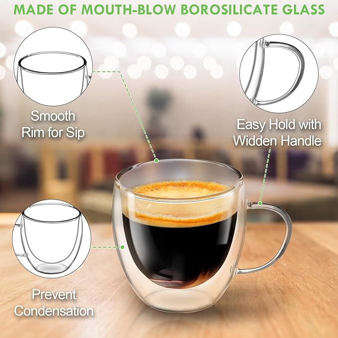 Glass Coffee Cups Set of 4, 8.5oz Double Walled Glass Mugs with Handles, Clear Insulated Coffee Mug Espresso Cups, Cappuccino Latte Tea Cups Set, Heat Resistant Borosilicate Clear Glasses - Bloomnest