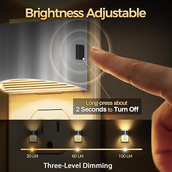 DORESshop LED Night Light[2 Pack], Night Lights Plug into Wall, 3 Level Brightness Adjustable Plug in Night Light, Dusk to Dawn Sensor Nightlights for Adults,Bedroom,Hallway,3000K -Chrome Cover - Bloomnest