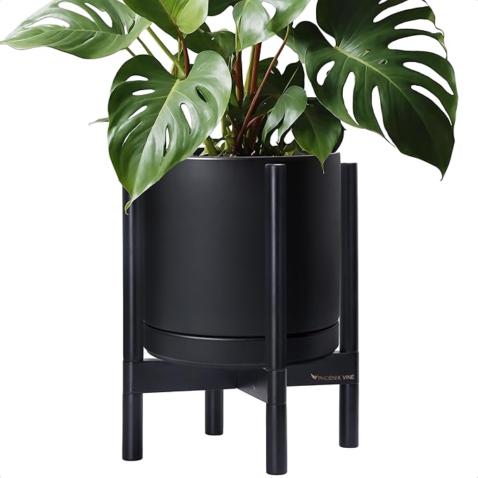D'vine Dev Ceramic Planter with Ebony Stand - 12 Inch Modern Round Flower Pot with Wood Planter Holder, Black, 55-B-H-2 - Bloomnest
