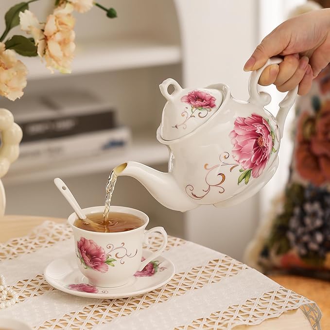20-Pieces Tea Set For Adult with Golden Metal Rack,Porcelain Tea Sets For Women,Tea Gift Sets for Home&Party(015) - Bloomnest