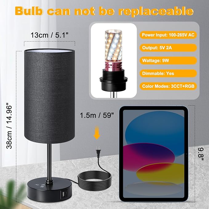 Unicozin Small Table Lamp,3 CCT 3000K/4500K/6500K & RGB Color Changing,Stepless Dimmable Touch Control Bedside Lamp for Reading,Ambience Nightstand Light for Home Decor Party,Black Shade - Bloomnest