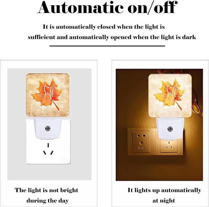 Handwritten Autumn Maple Leaves Night Light,Plug Into Wall for Boys Girls Bedroom Decorative Square Night Light Lamp 0.5w Sleep Friendly