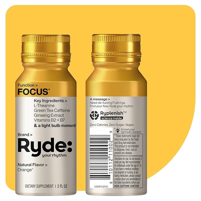 Ryde: Focus Shot | Orange Flavor | L-Theanine & Ginseng | Green Tea Caffeine | Vitamins B2 & B7 | 0 Calories, 0 Sugar | 2 FL OZ Shots | Supports Focus* (24 Pack) - Bloomnest