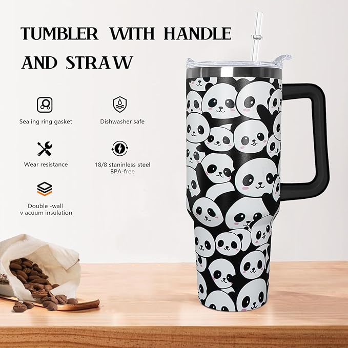40 oz Panda Tumbler With Lid and Straw, Stainless Steel Cup Coffee Travel Mug, Gifts for Girls, Panda Stuff Decor Accessories - Bloomnest