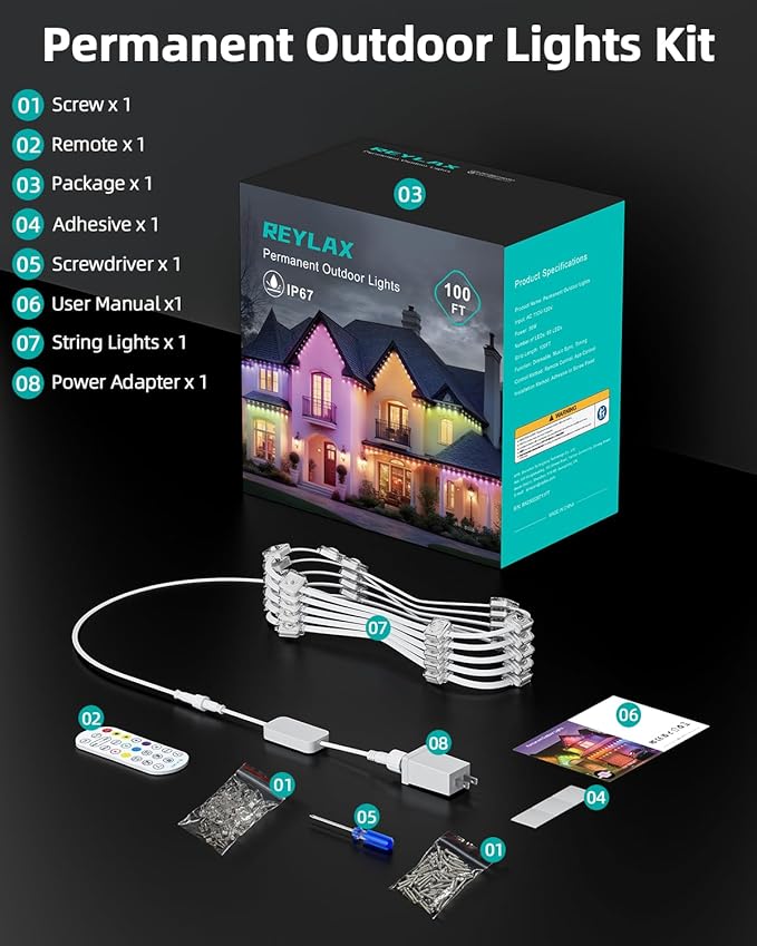 REYLAX 100FT Permanent Outdoor Lights with 60 LED Lights, RGB+IC Eaves Lights, IP67 Waterproof, Multi Scenes for Outdoor Christmas Holidays Decor, Works with APP & Remote Control, White - Bloomnest