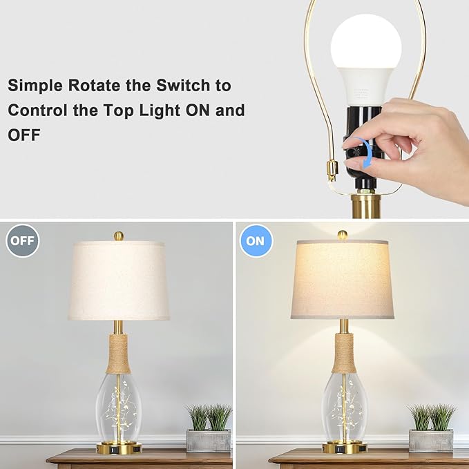 28" Boho Table Lamps Set of 2, Coastal Glass Lamps with USB A+C Ports and Outlet, Nautical Beach Bedside Lamp for Living Room Bedroom Night Stands(2 LED Bulbs Included), Gold - Bloomnest
