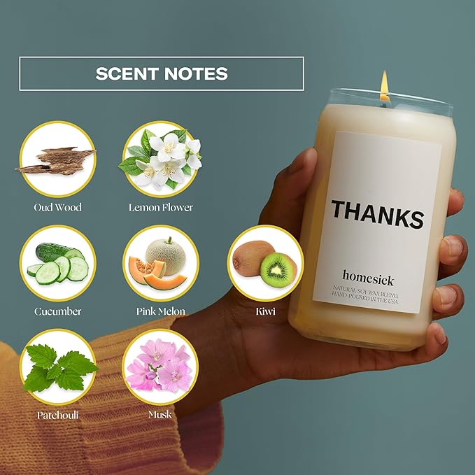 Homesick Scented Candles for Home (Thanks) - 13.75 oz Long-Lasting Soy Wax Blend Jar Candle Gifts for Women for All Occasions, 60-80 Hours Burn Time - Notes of Cucumber, Lemon & Patchouli - Bloomnest