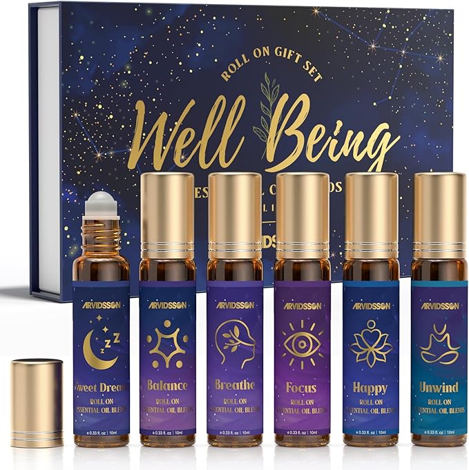 ARVIDSSON Essential Oils Roll On Set, Natural Self Care Essential Oil Blends Gift for Women - Sweet Dream, Unwind, Breahte, Balance, Focus, Happy, Aromatherapy Oil Roller for Body, Massage ARVIDSSON