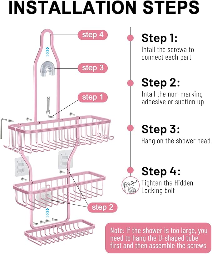 Pink Shower Caddy for Bathroom - Never Rust Hanging Shower Organizer with Soap Basket and Hooks - Large Capacity 3 Tier Aluminum Over The Showerhead Caddy - Bloomnest