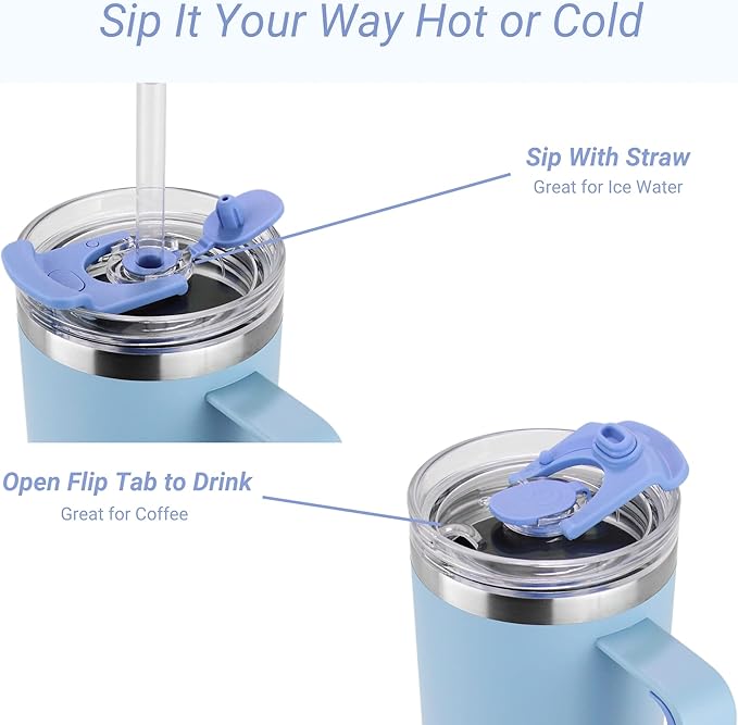 Drinco 40oz 30 oz Tumbler with Handle, Straw Lid, Insulated Stainless Steel Travel Mug Water Bottle Ice Coffee Cup For Cold and Hot, BigSur (40oz Sky Blue)