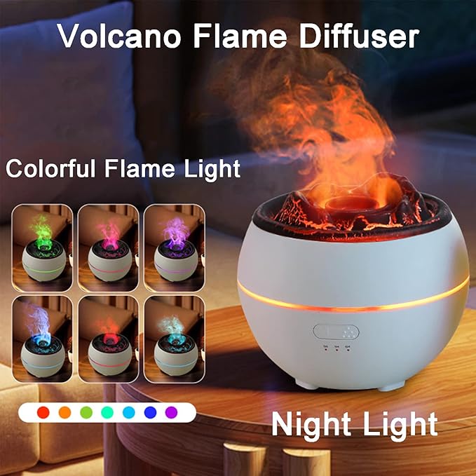 Essential Oil Diffuser, Volcano Flame Fire Oil Diffuser, 360ml Ultrasonic Cool Mist Aromatherapy Humidifier, Scent Diffuser with 7 Colors Light, Timer & Auto Shut-Off for Home, Room (White) - Bloomnest