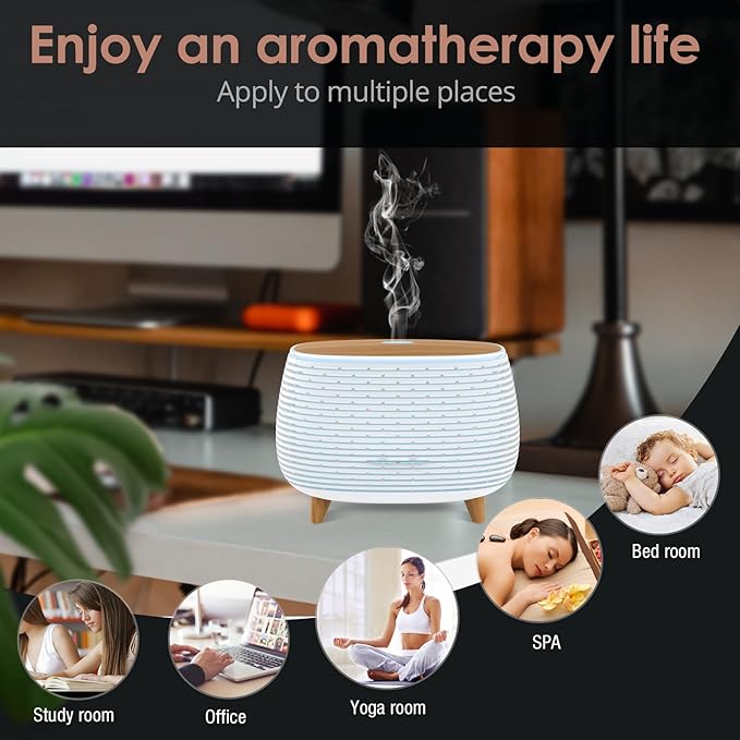 2-in-1 BT Speaker & Ultrasonic Essential Oil Diffuser,Aromatherapy Diffuser Cool Mist Humidifier with 7 Colors Lights for Large Room Home Office,400ml(White+Wooden Grain) - Bloomnest