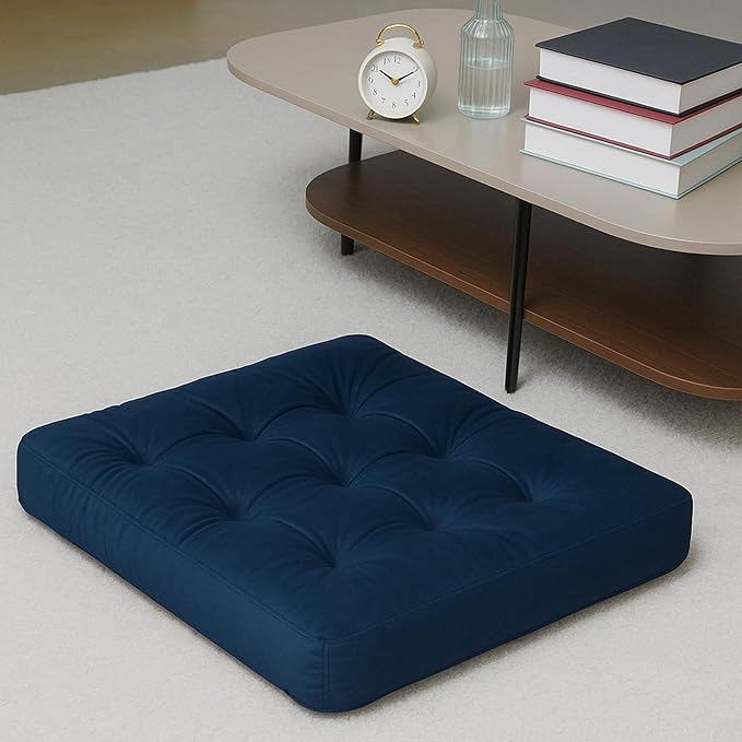 Velvet Floor Pillow,Square Large Pillows Seating for Adults, Navy Tufted Cushions for Meditation, Yoga Tatami Living Room Chair Booster Machine-Washable & Dryer-Safe, Navy, 22x22 Inch - Bloomnest