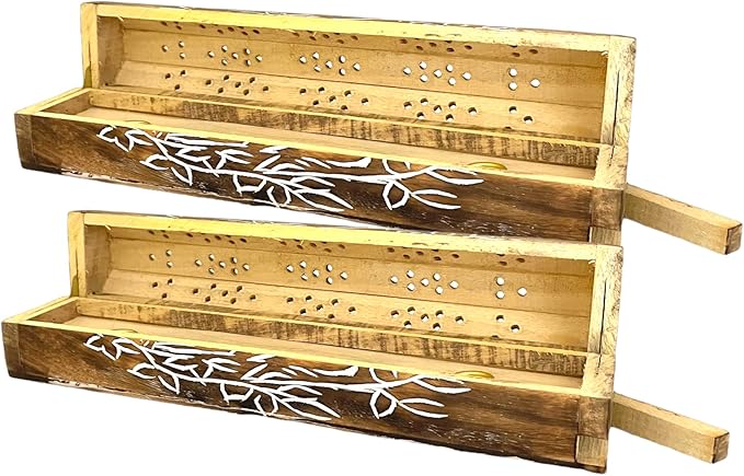 2 Pack Wooden Coffin Incense Sticks Burner - 12 Inches Carved - Storage Compartment (Carved Bird on Branch) - Bloomnest