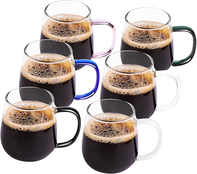 Set of 6 Borosilicate Glass Coffee Mugs with Different Color Handles (Black, White, Clear, Blue, Dark Green, Pink) – 450ml/16oz, Perfect for Coffee, Tea, and Beverages, Gift-Ready - Bloomnest