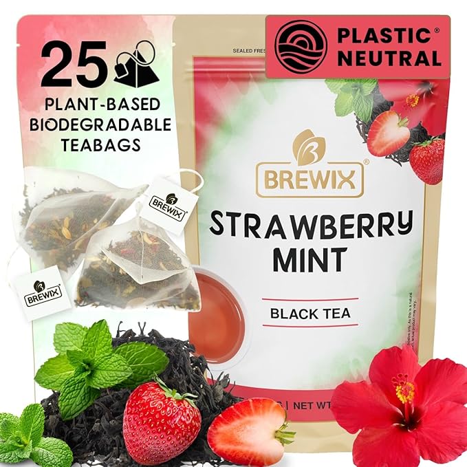 BREWIX, Strawberry Mint Tea Bags (25 Plant Based Tea Bags), Made with - Black Tea, Hibiscus, Spearmint, Fennel, Strawberry | Caffeinated & Sugar-Free - Bloomnest