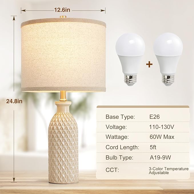 Luvkczc Ceramic Table Lamps Set of 2, Farmhouse 24.8" Bedside Lamps with 3-Color Temperature, Modern Nightstand Lamp Desk Reading Lamp for Bedroom, Living Room, Office, 2 Bulbs Included - Bloomnest