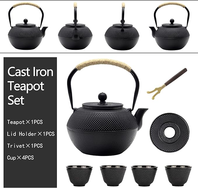YJX Cast Iron Tea Pot Set, Japanese Tetsubin, 40.6oz Tea Kettle for Stovetop, Black Teapot with Stainless Steel Infuser for Loose Leaf Tea, 1200ml Small Asian Tea Set with Teacups - Bloomnest