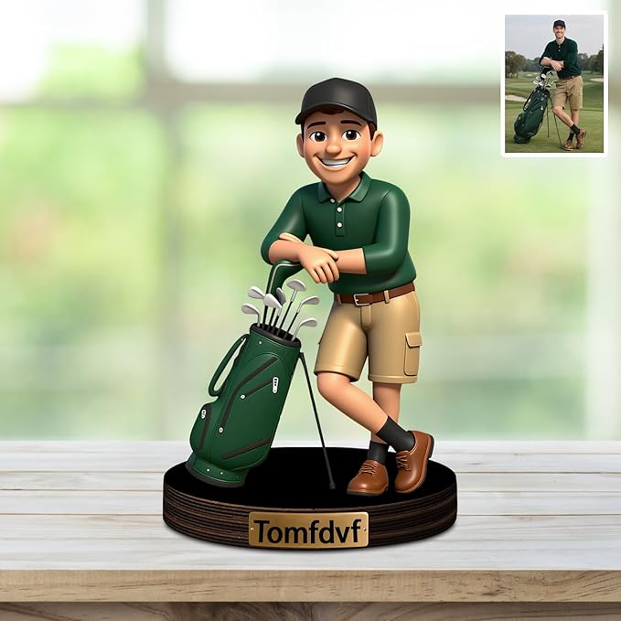 Custom Golf Photo Cartoon Style Desk Decor with Wooden Base, Personalzied Golf Lover Cartoon Photo Picture Portrait Sculpture Frame Acrylic Sign Plaque Gifts for Women Men Couple Family - Bloomnest