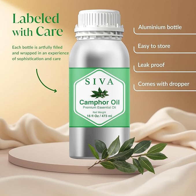 Siva Camphor Essential Oil - 16 Fl Oz – 100% Natural Camphor Oil - for Diffuser, Face, Skin Care, Aromatherapy, Hair Care, Scalp and Body Massage SIVAOrganics