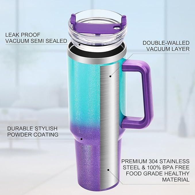40 oz Tumbler with Handle and Straw Lid, Vacuum Insulated Leak Proof Double Walled Stainless Steel Glitter Travel Mug Tumblers, Maintains Cold Ice and Heat for Hours(Green Purple Gradient) - Bloomnest