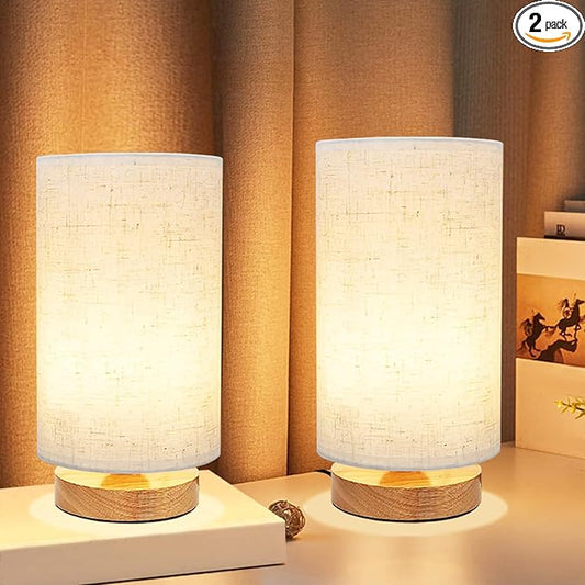 Small Bedside Table Lamp for Bedroom set of 2,Minimalist Wood Base & Round Fabric Shade,Mini Cute Cozy Warm Nightstand Boho Lamp set, Study Desk Night Stand Light for Room, Dorm,Nursery,Living Room - Bloomnest