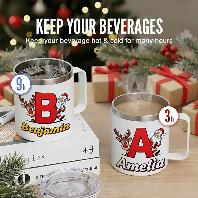 Personalized Christmas Mug with Name Initial - Cute Peekaboo Santa & Reindeer 12oz Insulated Stainless Steel Coffee Cup Tumbler with Handle & Lid - Fun Holiday Xmas Gifts for Kids, Girls (B170) - Bloomnest