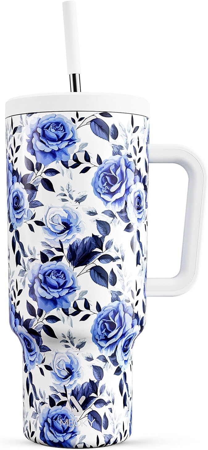Meoky 40 oz Tumbler with Handle and Straw: Stainless Steel Insulated Tumbler with Lid and Straw - 100% Leak Proof Tumbler for Car Cup Holders - Travelers Commuters Workers, Blue Rose - Bloomnest