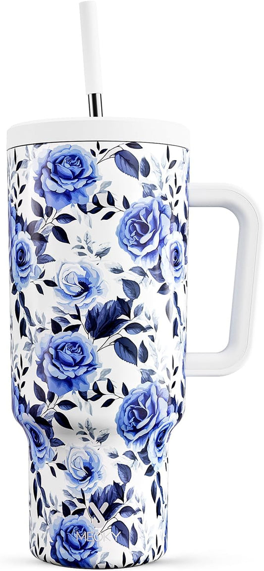 Meoky 40 oz Tumbler with Handle and Straw: Stainless Steel Insulated Tumbler with Lid and Straw - 100% Leak Proof Tumbler for Car Cup Holders - Travelers Commuters Workers, Blue Rose - Bloomnest