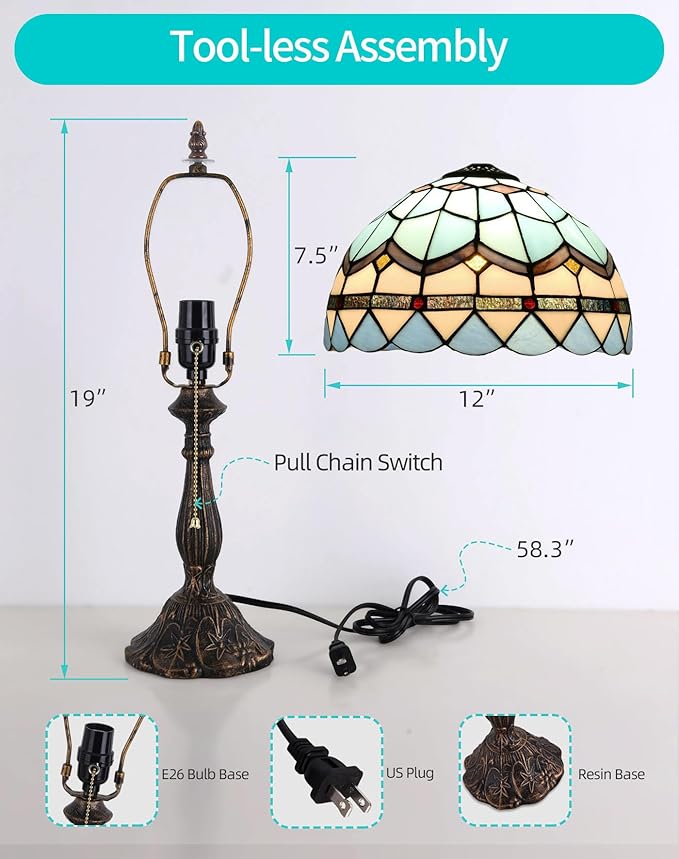 Tiffany Table Lamp, 12-inch Mediterranean Blue Style, Stained Glass Lamp for Living Room, Dining Room, Bedroom, Study Room, Office - Bloomnest