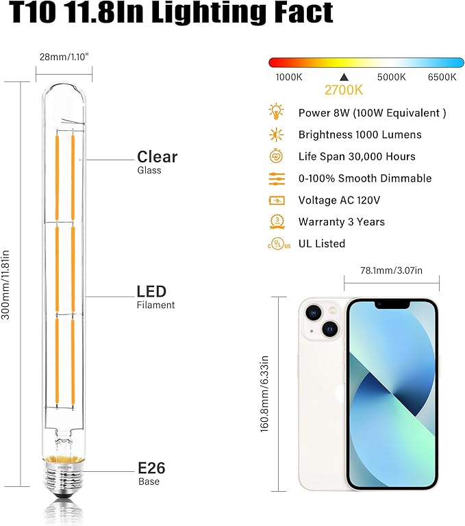 11.8IN 1000LM 2700K Soft White Light Bulbs E26 Base, T10 T9 Edison Bulbs Dimmable 8W, AC 120V 100 Watt Equal Filament Bulb, Vintage Clear Glass Long Tubular LED Bulb, UL Listed - 4Pack - Bloomnest