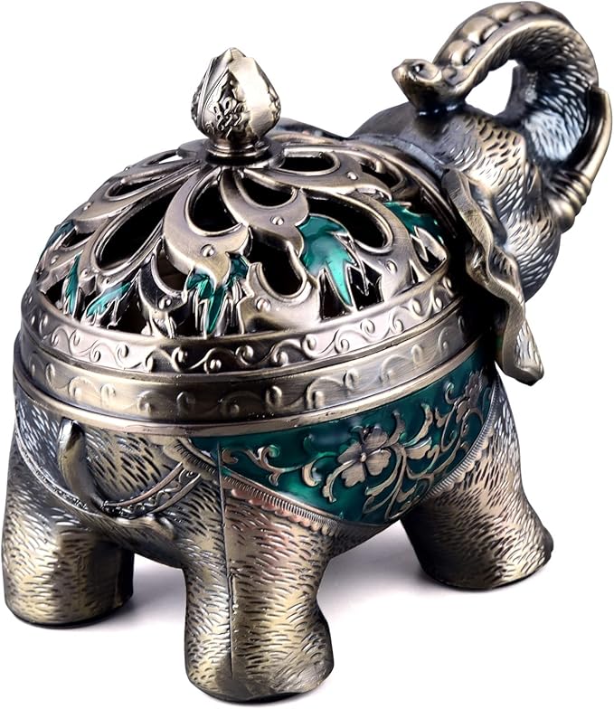 K COOL Metal Backflow Incense Holder Elephant Cone Incense Burner Candle Holder with Lid, Aromatherapy Ornament Home Office Decoration for Indoor Outdoor (Green) - Bloomnest