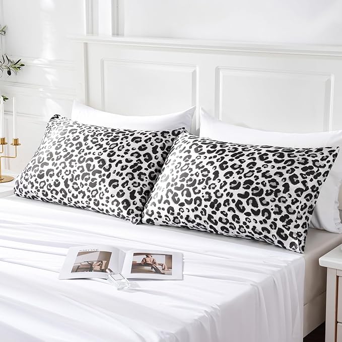 MR&HM Satin Pillowcase for Hair and Skin, Silk Satin Pillowcase 2 Pack, Toddler Size Pillow Cases Set of 2, Silky Pillow Cover with Envelope Closure (13x18, White Leopard) - Bloomnest