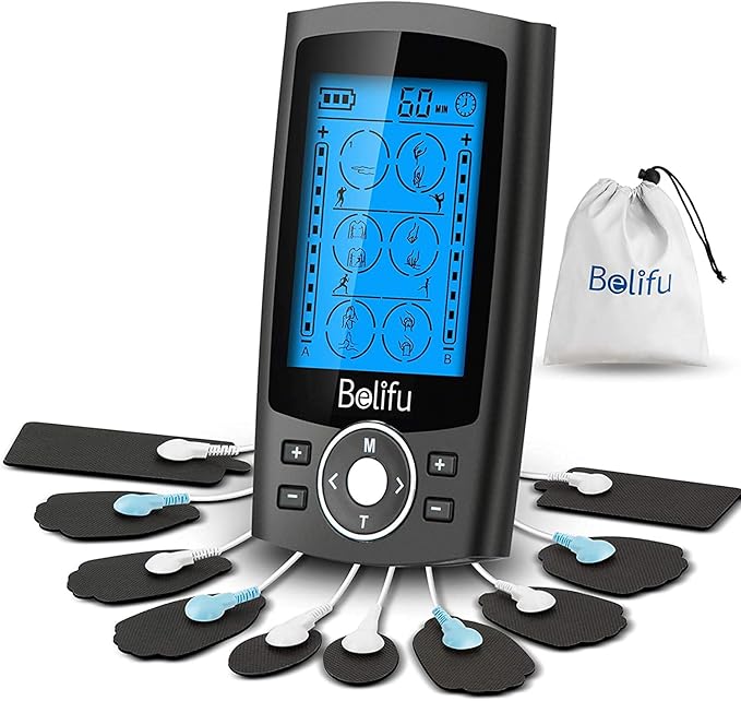 Belifu Dual Channel TENS EMS Unit 24 Modes Muscle Stimulator for Pain Relief Therapy, Electronic Pulse Massager Muscle Massager with 10 Pads, Dust-Proof Drawstring Storage Bag, Fastening Cable Ties Belifu