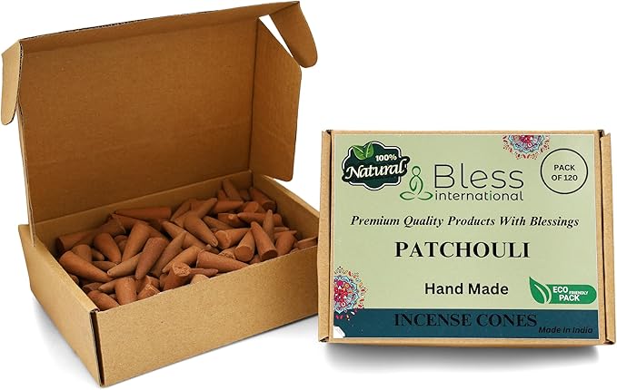 Bless International Patchouli 100%-Natural-Incense-Cones Handmade-Hand-Dipped Organic-Chemicals-Free for-Purification-Relaxation-Positivity-Yoga-Meditation The-Best-scents (120 Count) BlessInternational