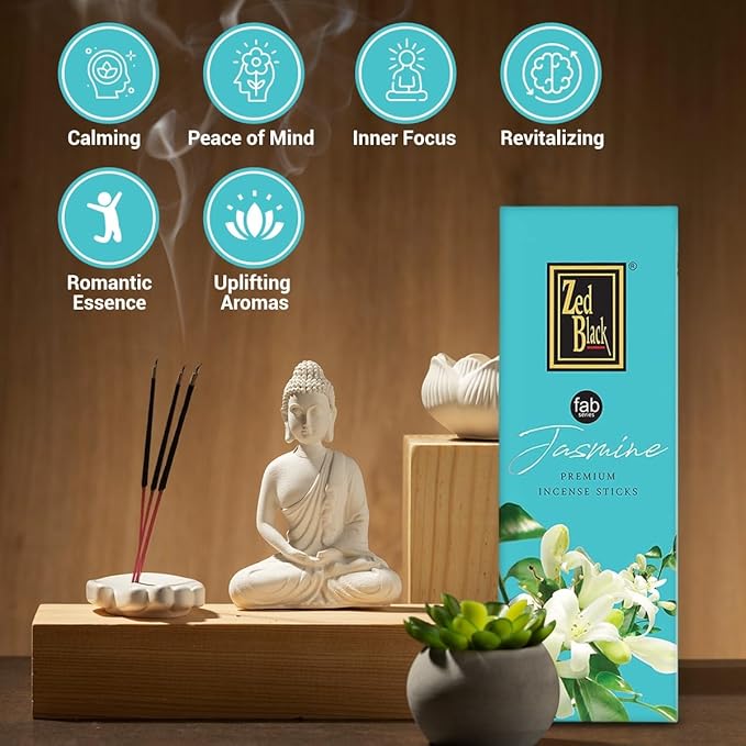 Zed Black Premium Jasmine Natural Incense Sticks – 20 Sticks per Box, 6 Boxes (Total 120 Sticks) – Soothing Floral Aroma for Home, Office & Meditation Spaces.