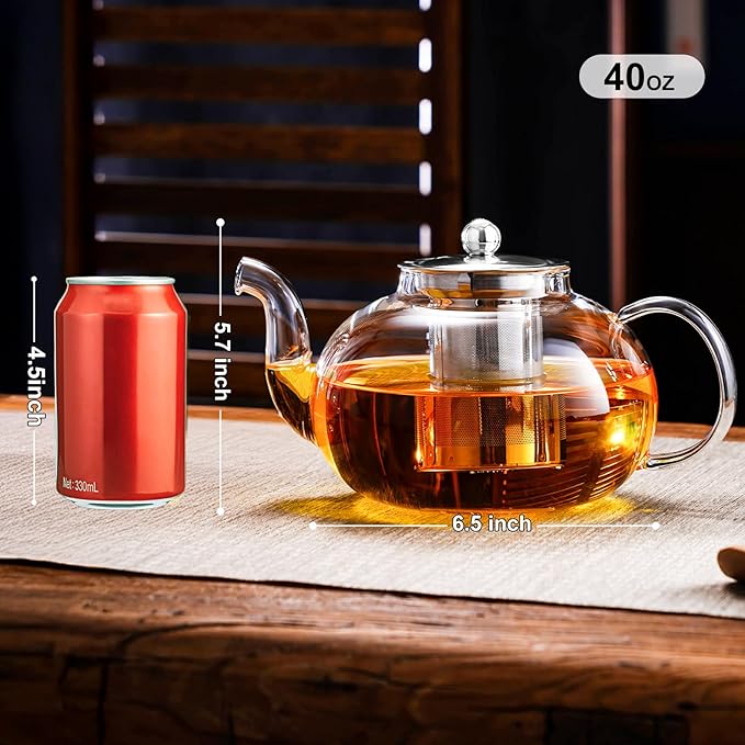 PARACITY Glass Teapot Stovetop 40 OZ/1200ml, Borosilicate Clear Tea Kettle with Removable 18/8 Stainless Steel Infuser, Teapot Blooming and Loose Leaf Tea Maker Tea Brewer for Camping, Travel