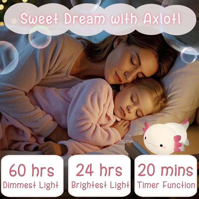 Axolotl Night Light for Kids, Cute Squishy Rechargeable Axolotls Lamp, Unique White Pink Xmas Axolotl Gifts, Dimmable LED Silicone Nightlight, Baby Safe, Girls Room College Dorm Décor - Bloomnest